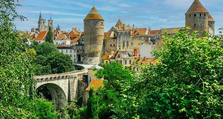 Vue d'une ville médiévale avec tours et pont de pierre entourés de verdure