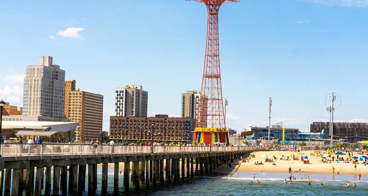 Coney Island beach and amusement park area.
