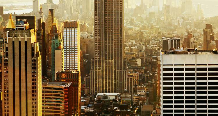 Close-up view of New York City's skyline during golden hour.