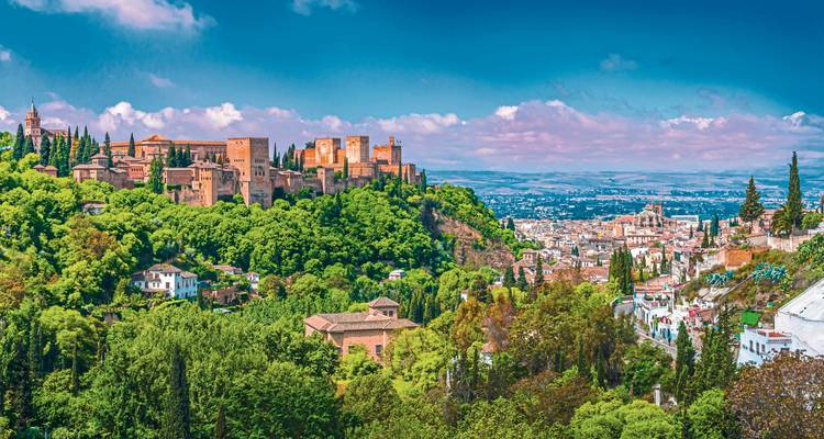 Une vue panoramique de l'Alhambra avec une forêt luxuriante et une ville en arrière-plan.