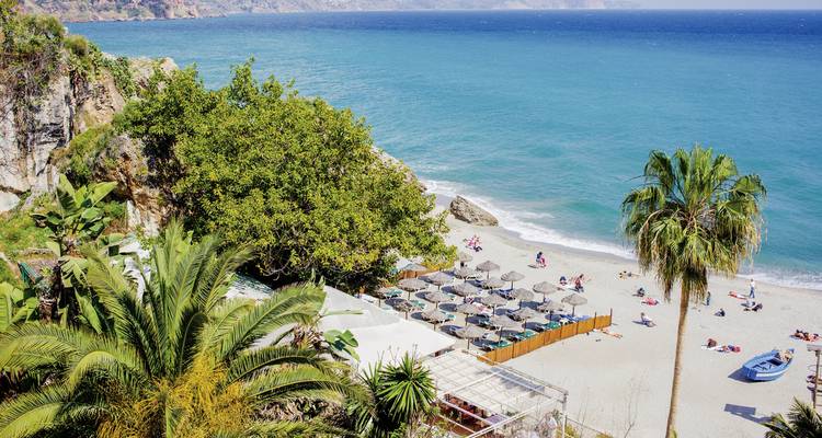 Une vue de plage avec des parasols, une eau bleue cristalline et une végétation luxuriante.