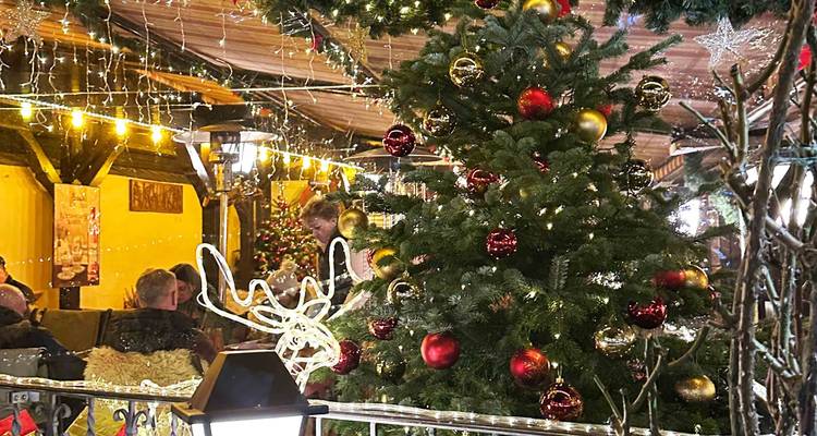 Binnenkerstmarkt scène met een versierde boom, sprankelende lichtjes, en bezoekers gezeten onder slingers.