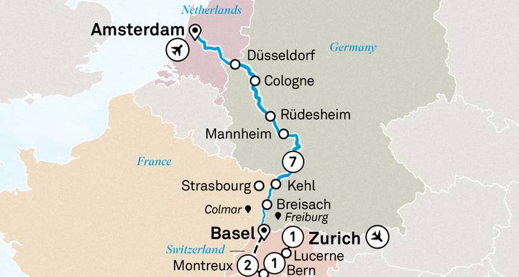 Geïllustreerde reisroute kaart die een reisroute toont van Amsterdam door Duitsland naar Zürich en Basel.