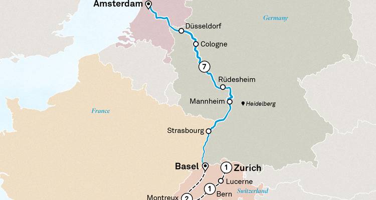 Vereenvoudigde kaart van een Rijncruise van Amsterdam naar Zürich met aangegeven haltes bij grote steden.