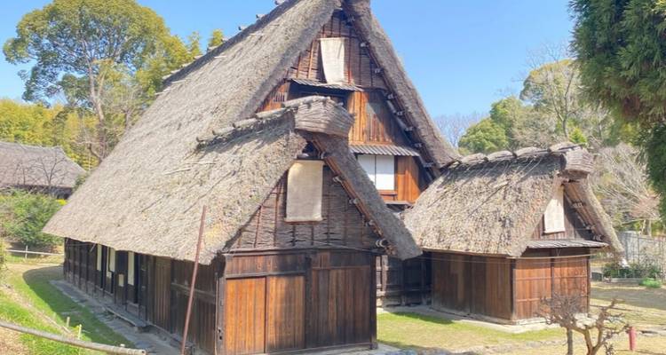 Maisons traditionnelles au toit de chaume dans un cadre rural.