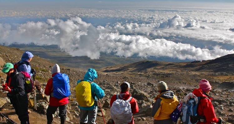 Un groupe de randonneurs surplombant les nuages avec un équipement de randonnée sur une montagne.