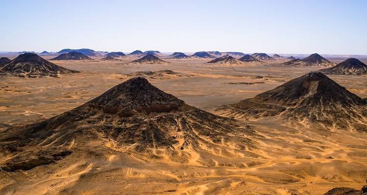 Des monticules volcaniques noirs éparpillés à travers un paysage désertique.