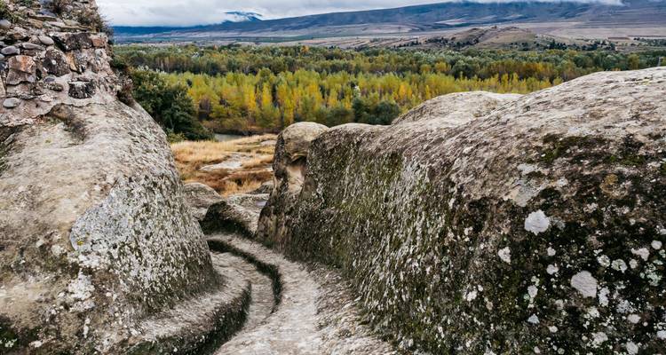 Oud stenen pad met uitzicht op weelderige groene vallei.