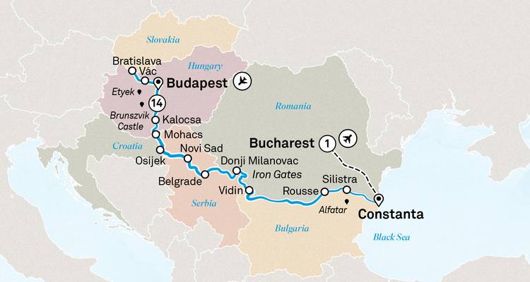 Une carte mettant en évidence un itinéraire de voyage à travers diverses villes d'Europe de l'Est.