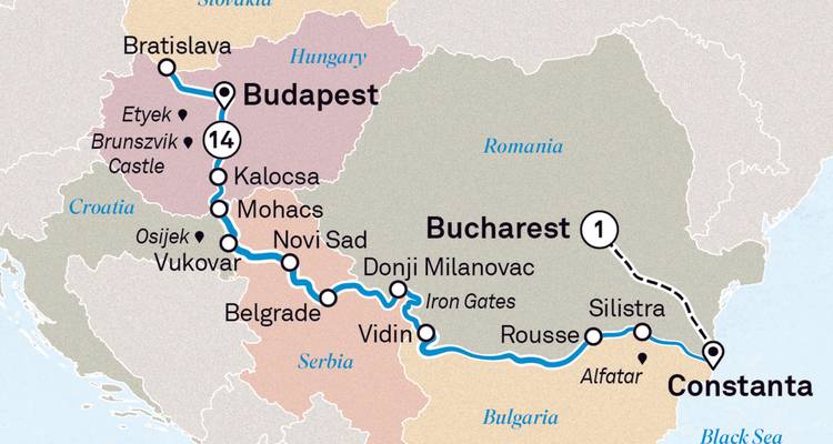 Mapa ilustrado de crucero de Budapest a Constanza por el Danubio y el Mar Negro.