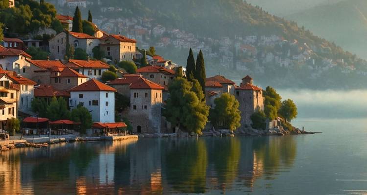 Vue panoramique d'une ville au bord du lac avec une architecture pittoresque.