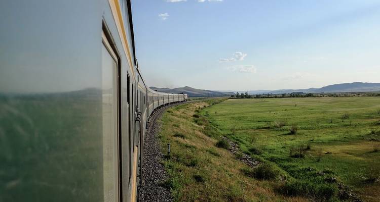 Un long train traversant un paysage herbeux.
