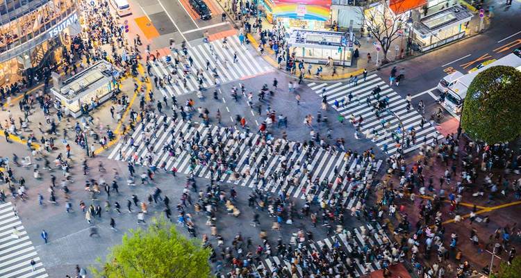 Bird's-eye view of a busy crosswalk in a city.