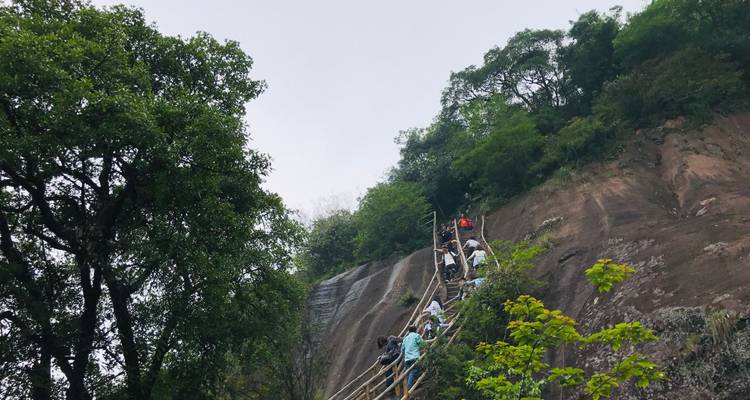Mensen die een trap beklimmen langs een rotsachtige klif met groen.