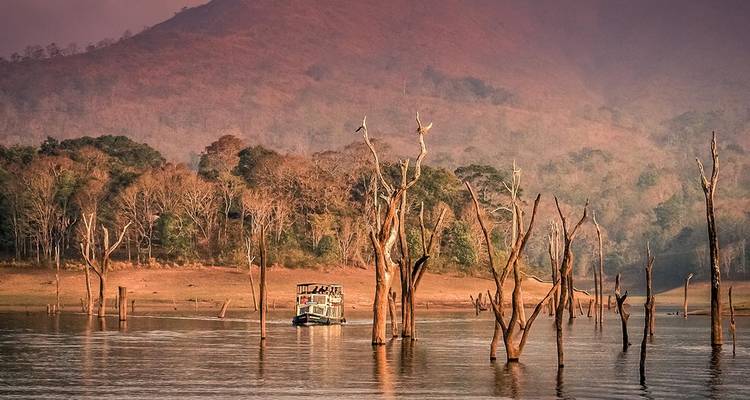 Een boot op een meer met dode bomen die weerspiegelen in het water.
