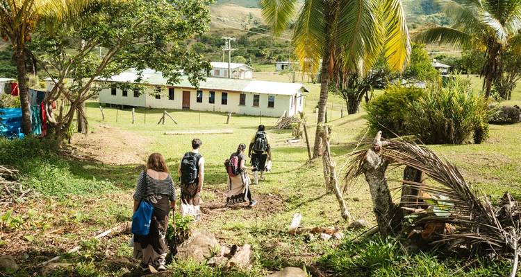Bezoekers wandelen langs een grasachtig dorpspad omzoomd met palmbomen en landelijke huizen in het binnenland van Fiji.
