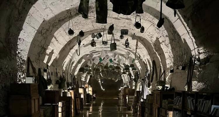 Tunnel souterrain avec objets vintage et artefacts.