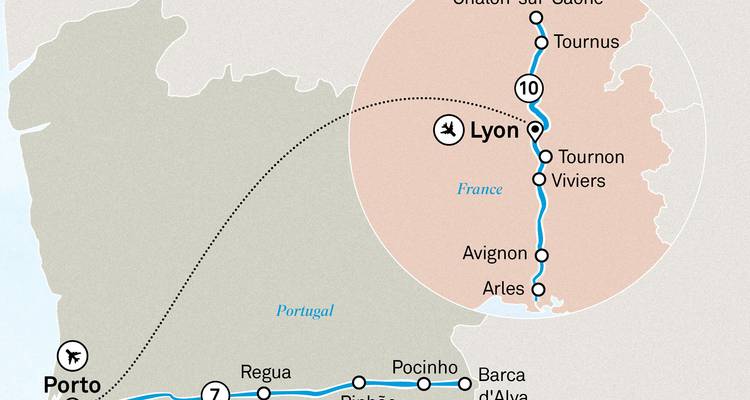 Une carte mettant en évidence des lieux en France et au Portugal.
