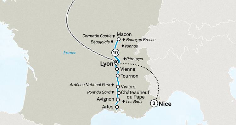 Mapa detallado de un itinerario de 10 días desde Lyon pasando por Provence y terminando con una estancia en Niza.