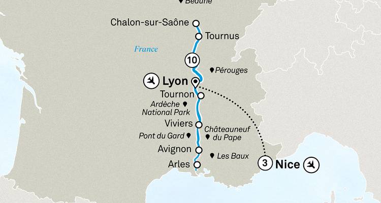 Carte montrant un itinéraire de voyage dans le sud-est de la France.