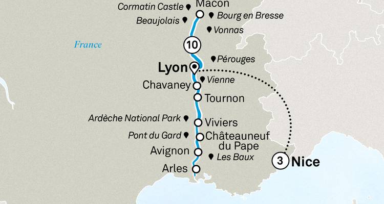 Routekaart die een cruise-route tussen Lyon en Nice in Zuid-Frankrijk illustreert.