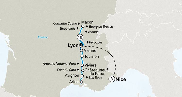 Mapa que muestra un crucero de 10 días de ida y vuelta desde Lyon con extensión opcional a Niza.