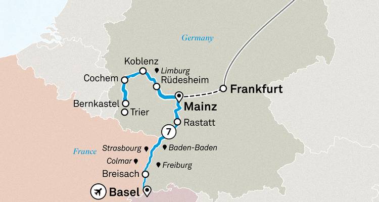 Map of a tour itinerary in Germany and Switzerland.