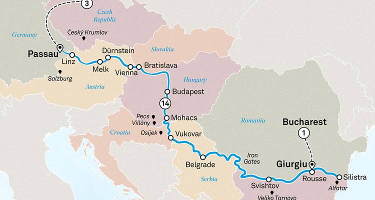 Carte de croisière sur le Danube de Passau à Bucarest avec extension mer Noire.