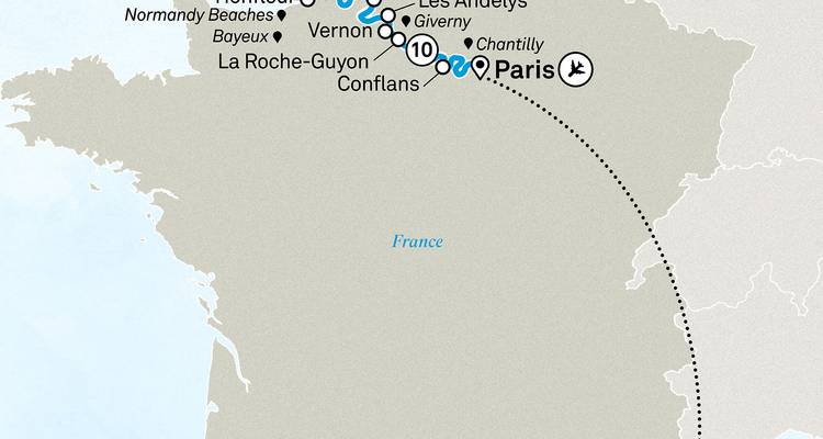 Carte montrant un itinéraire de voyage dans le nord de la France.