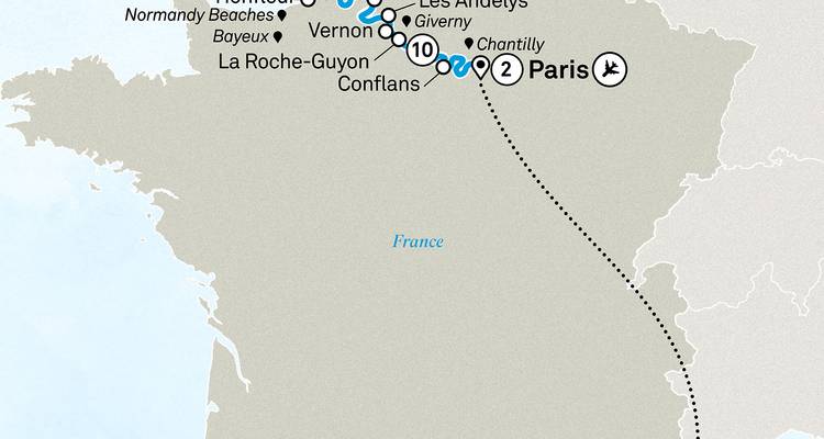 Carte montrant un itinéraire de voyage à travers la France.