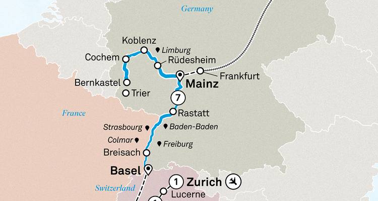 Carte montrant un itinéraire de voyage à travers l'Allemagne et la Suisse.