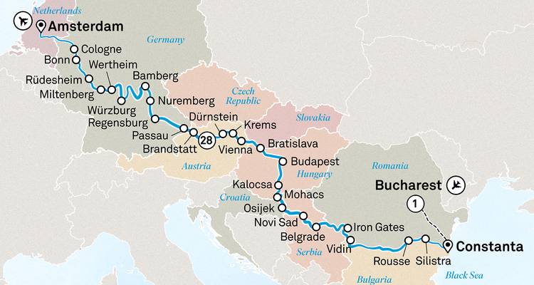 Carte détaillant un itinéraire de croisière fluviale à travers l'Europe.