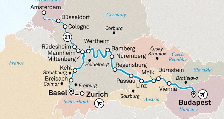 A map layout showing travel routes and various cities.