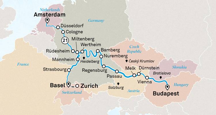 Kaart die grote Europese cruise toont van Amsterdam naar Boedapest via Rijn, Main en Donau.