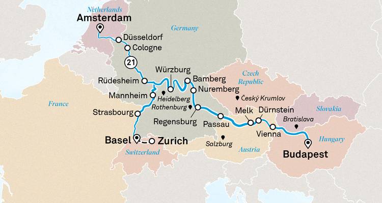 Europese waterwegenkaart die Amsterdam, Basel en Boedapest routes verbindt via grote rivieren.