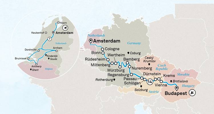 A map highlighting travel routes and key European cities.