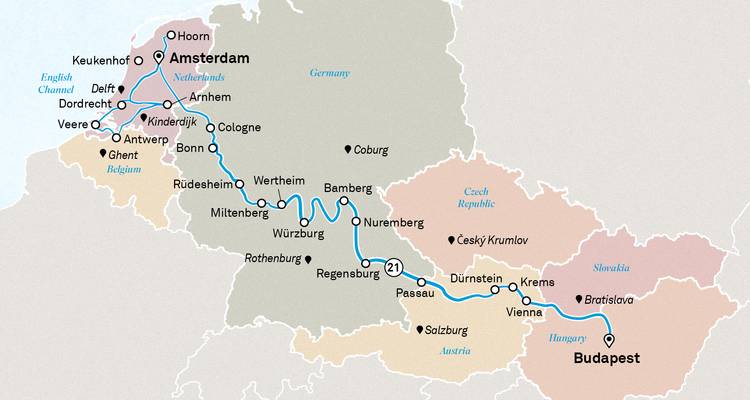 Dubbele kaart die de riviercroiseroute van Amsterdam naar Boedapest door Centraal-Europa toont.