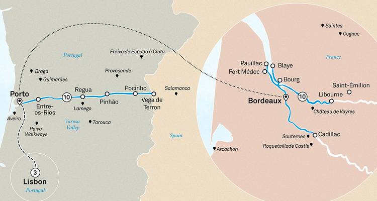 Carte reliant la croisière fluviale de Bordeaux à l'itinéraire portugais du Douro commençant à Porto.