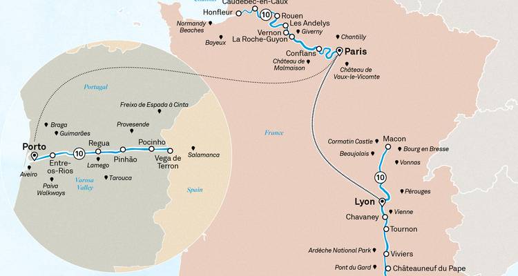 Mapa de crucero que combina el Valle del Duero de Oporto con los itinerarios del Ródano y Sena de Francia.