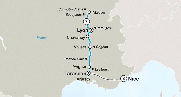 Kaart met Rhône-route van Lyon naar Tarascon met uitbreiding naar Nice.