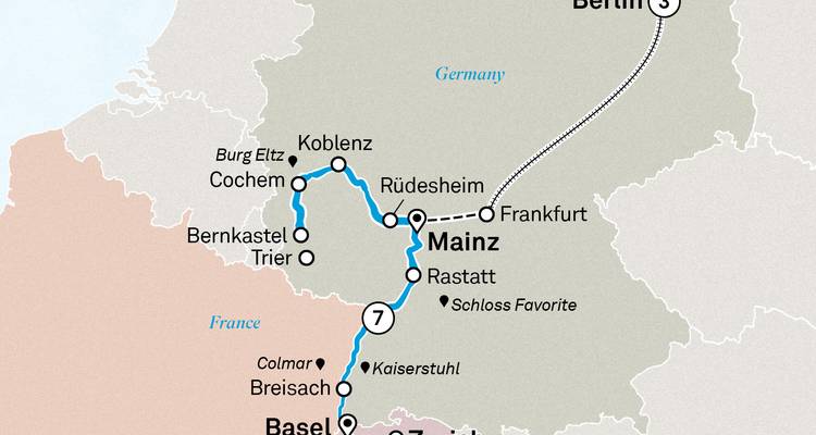Mapa del recorrido del crucero por el Rin que conecta Berlín con la región de Maguncia y Coblenza.