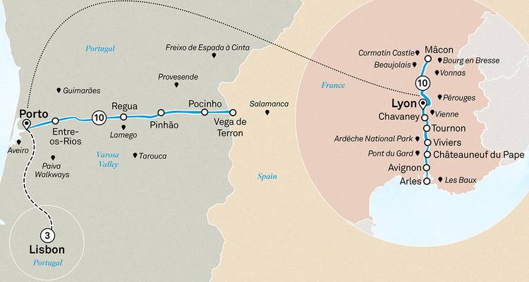 Mapa compuesto que conecta los itinerarios de Lisboa, Oporto y Lyon con las líneas de cruceros del Duero y del Ródano.