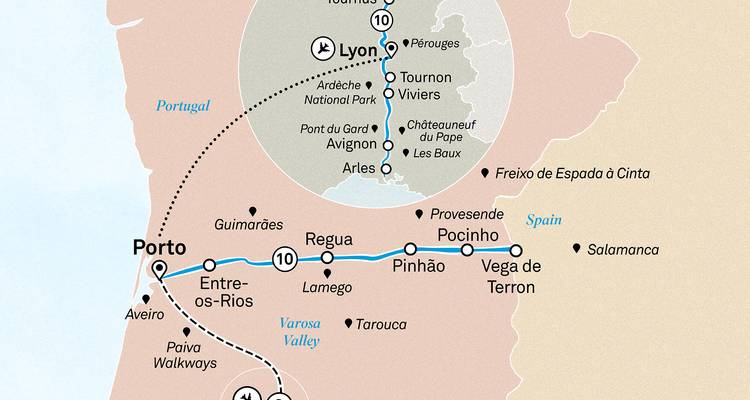 Une carte d'un itinéraire touristique au Portugal, incluant Lisbonne et Porto.