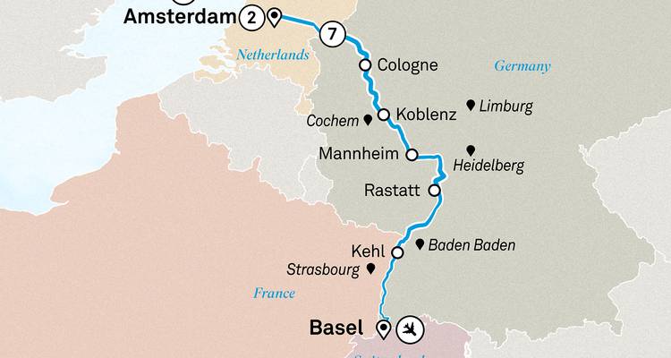 A map showing a route through various European cities and countries.