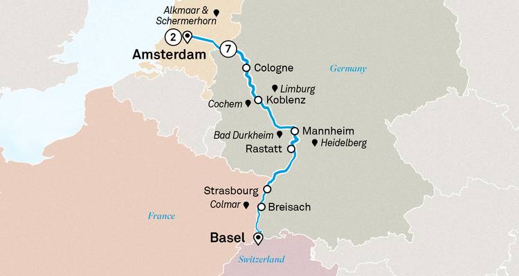 Descripción general simplificada de la ruta del Rin de Ámsterdam a Basilea con las principales ciudades intermedias.