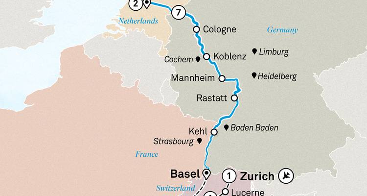 Une carte montrant les itinéraires touristiques en Allemagne et en Suisse, incluant Cologne et Zurich.