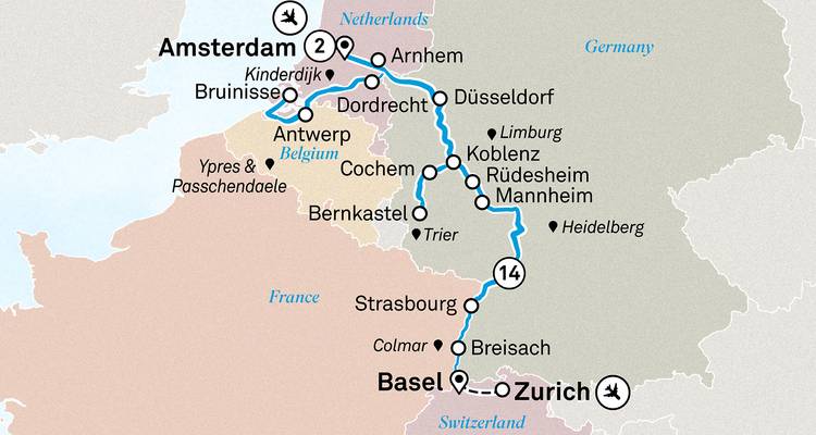 Map of tour route through Netherlands, Germany, and Switzerland.