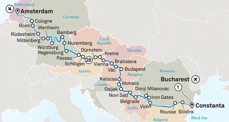 Une carte montrant un itinéraire à travers diverses villes et pays européens.