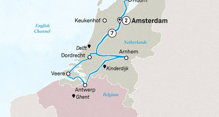 Mapa de crucero por las vías fluviales holandesas con Ámsterdam, Gante y Amberes