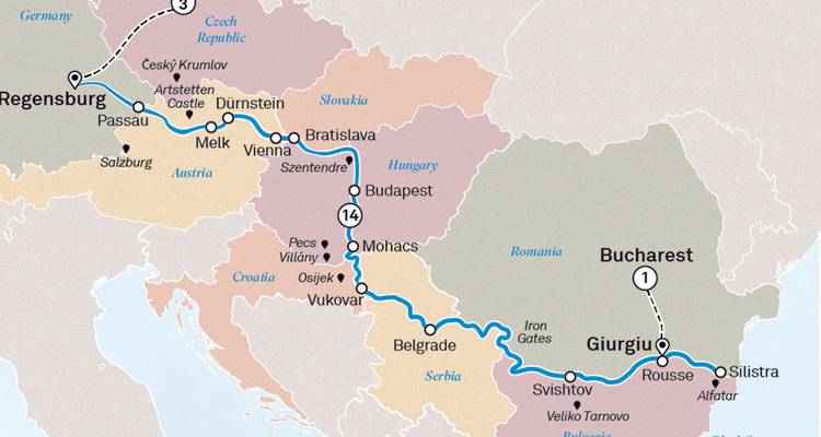 Carte du fleuve Danube de Ratisbonne à travers les Balkans jusqu'à Bucarest and Giurgiu.